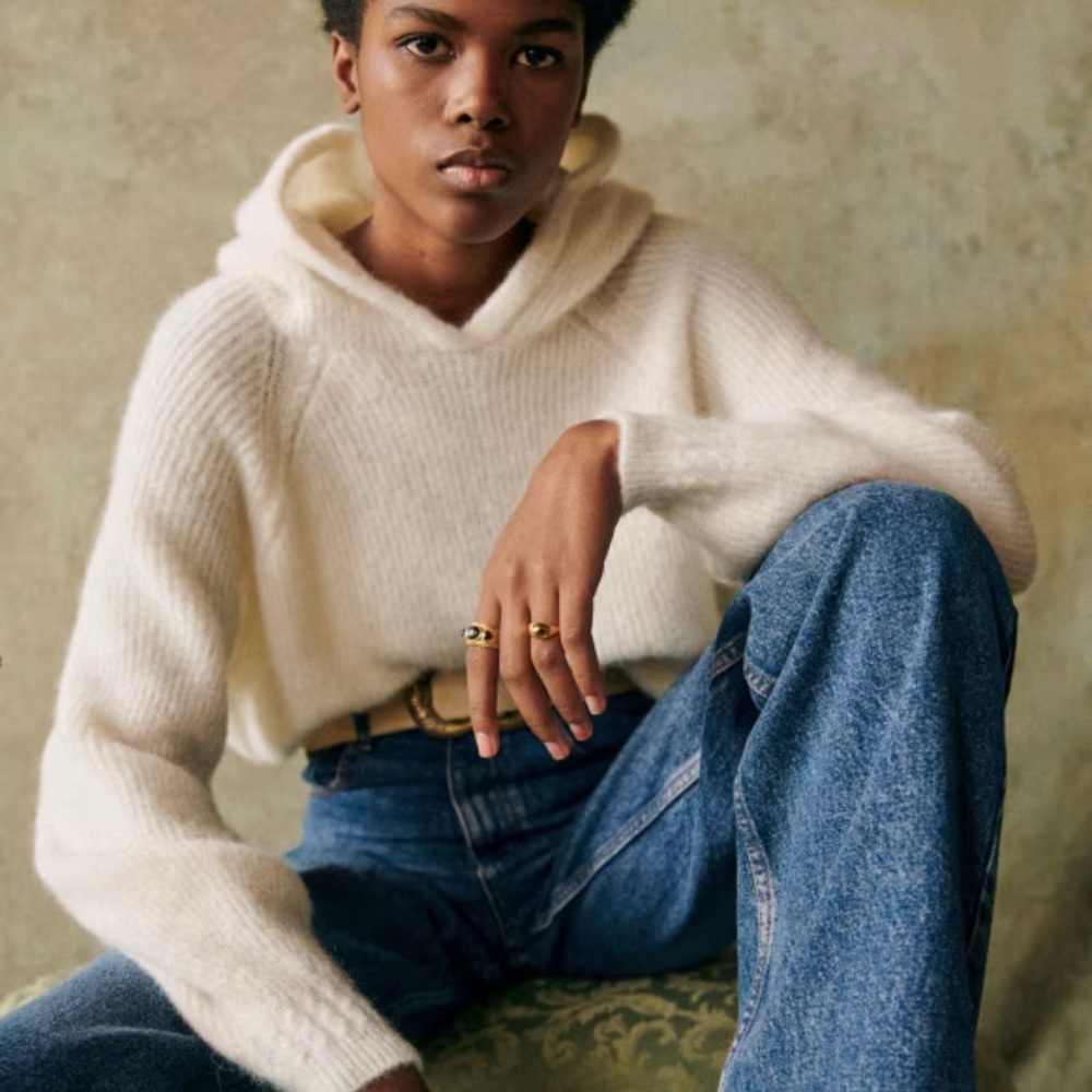 Sézane Laurel Baby Alpaca Knit Hoodie Sweater - Cream